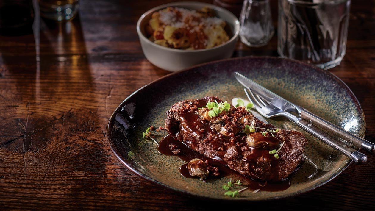 NY Steak, Kilpatrick Sauce & Grilled Oysters with Bacon Crumb – Recipe